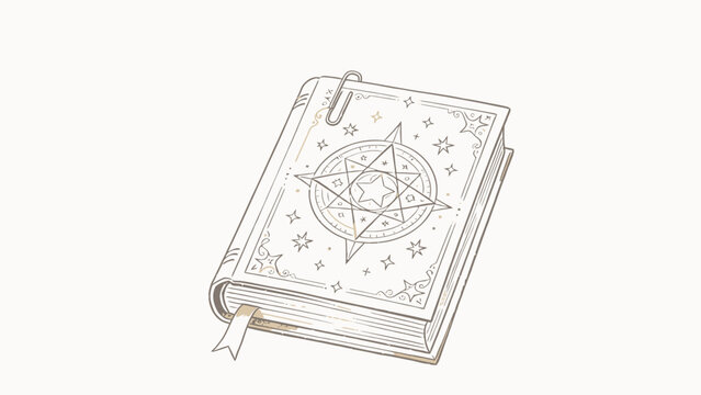 Delicate Hand-Drawn Line Art Illustration of an Ornate White Magic Grimoire with Gold Pentagram Star Cover, Paperclip and Ribbon Bookmark on Soft Cream Background