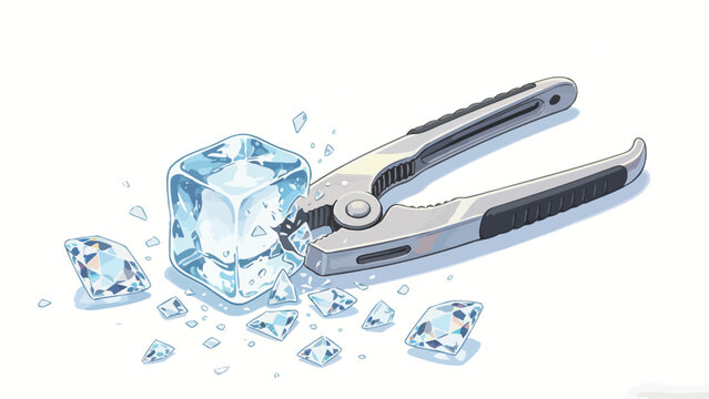 Minimal clean stylized digital illustration of rubber-grip pliers crushing a clear ice cube shattering into sparkling faceted diamond-like icy shards on bright plain white background