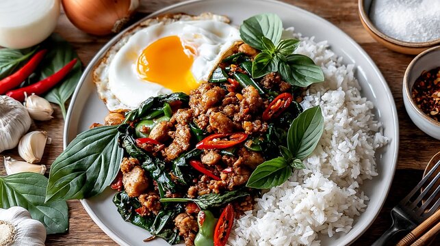 Pad Krapow Gai, Thai basil chicken stir fry with egg