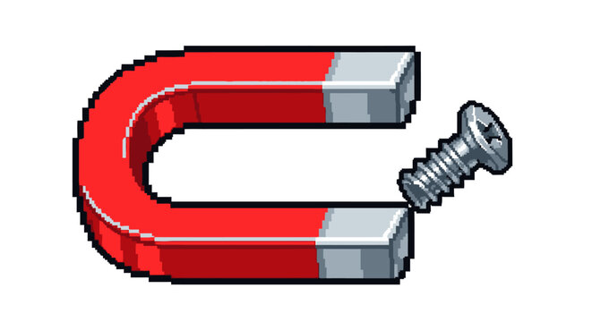 Horseshoe magnet attracting a metal screw.
