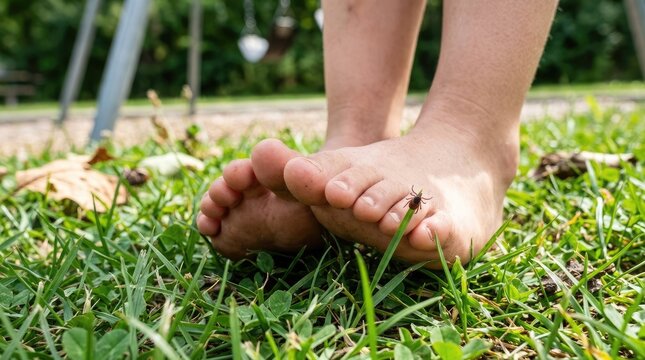 A child stands barefoot on a grassy lawn, examining a tick closely. The child's feet are visible, and a small tick is attached to their foot.