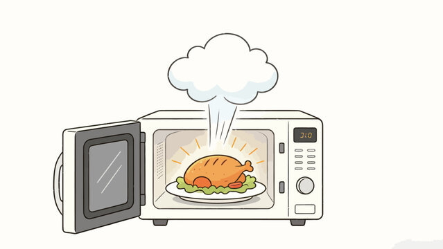 Cute minimalist hand-drawn illustration of an open microwave holding a steaming hot freshly cooked whole roasted chicken on a garnished plate, soft warm color palette