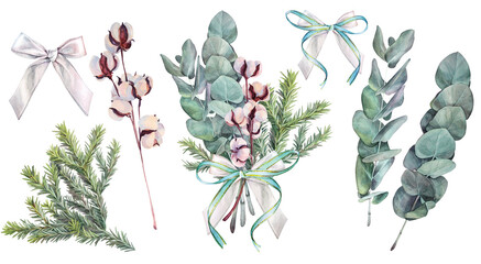 Watercolor set with plant eucalyptus and branch of cotton and fir isolated on white background. Christmas or winter wedding bouquet. Green blue leaves and bow. Clipart for New Year wrapping wallpaper © NatashaKun