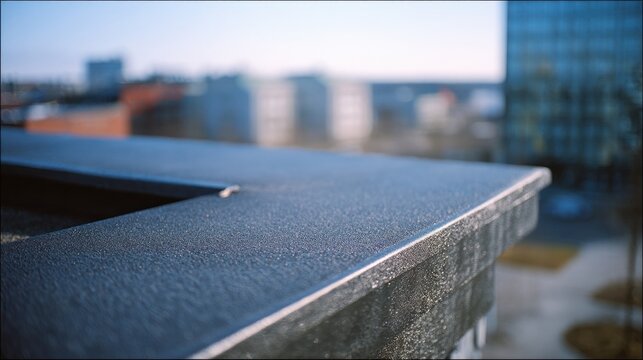 Flat roof covering with black rubber membrane in urban environment