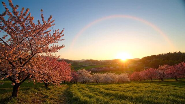 Sunlit meadow at sunset, lush greenery, clear sky