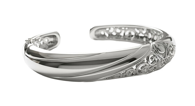 Elegant silver cuff bracelet with ornate filigree detail on black background