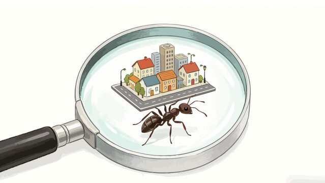 Whimsical Hand-drawn Concept Illustration of a Worker Ant Lifting a Tiny Residential Neighborhood Block, Viewed Through a Magnifying Glass