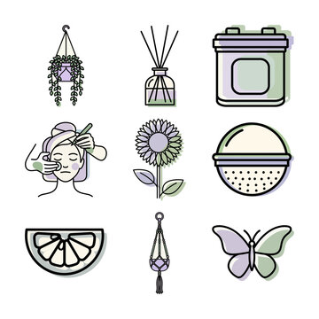 skincare icon set in pastel line art for beauty product branding or minimalist skincare icons collection with soft colors and clean outlines for ecommerce design