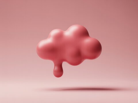 Single glossy pink cloud shape floating in the air with a single liquid drop falling down, 3d rendered minimalist on a pastel pink background