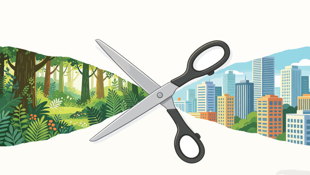 Conceptual Flat Illustration of Scissors Cutting Paper Separating Lush Green Forest and Modern City Skyline, Depicting Urban Expansion and Nature Preservation