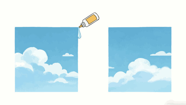 Whimsical Surreal Concept Illustration Of A Glue Bottle Dropping Liquid Adhesive To Join Two Separate Split Panels Of Blue Sky With Soft White Clouds