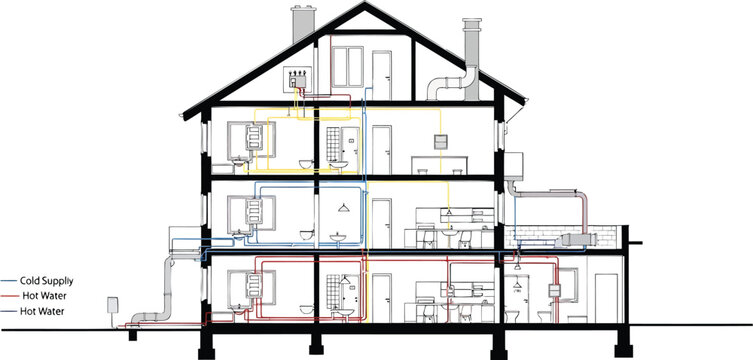 House cross-section, architectural blueprint, floor plan, vector diagram