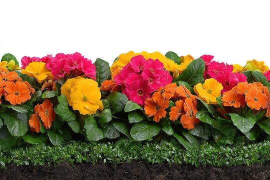 A vibrant border of colorful primrose flowers with green leaves.