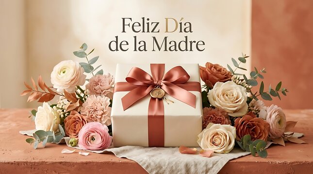 A Feliz Dia de la Madre celebration with gift flowers and decor