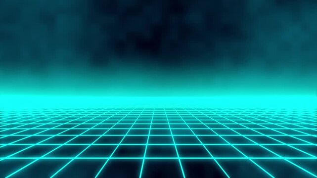 Glowing grid extends into misty digital void