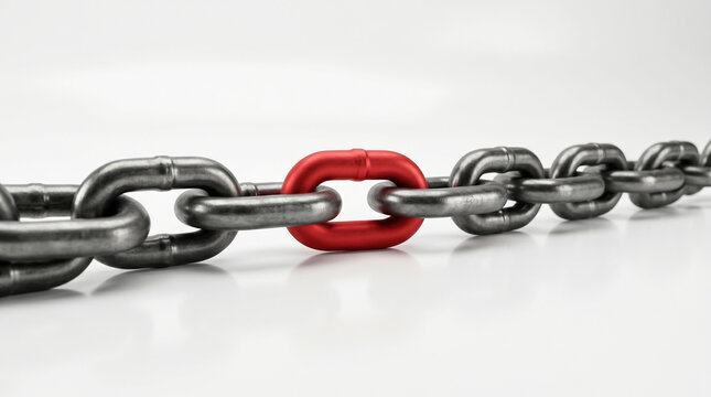 A single bright red link stands out within a long, strong metallic chain against a clean white background.