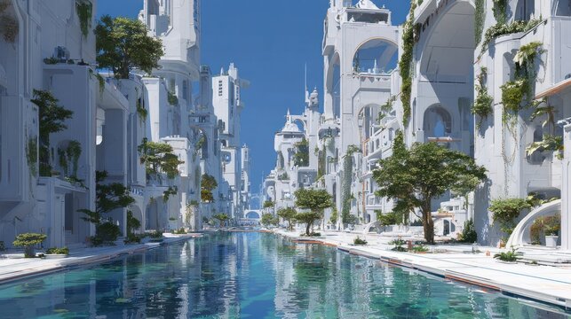 Futuristic cityscape with white organic-shaped buildings and green spaces along a waterway