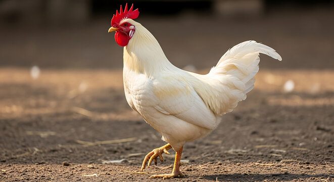 A white rooster standing on dirt ground with red comb and wattle