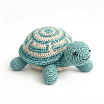Adorable handmade crochet plush toy turtle with intricate shell pattern showcasing soft yarn crafting artistry