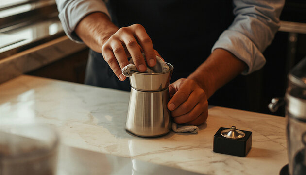 Man preparing coffee with pour-over brewer on marble countertop  