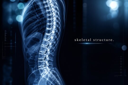 A blue-toned X-ray of a human spine against a dark, digital background.
