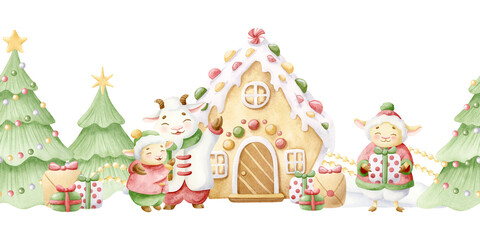 Obraz premium Hand drawn Christmas animals family with funny characters watercolor seamless border. Happy lamb, sheep and goats with cartoon gingerbread house, gifts and fir forest horizontal repeat banner