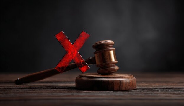 Gavel and red crossed out sign on wooden table top, symbolizing legal or judicial disapproval and refusal