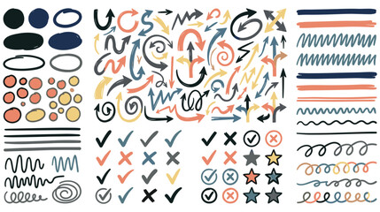 Obraz premium Big collection of hand drawn arrows circles checkmarks and various doodle elements.