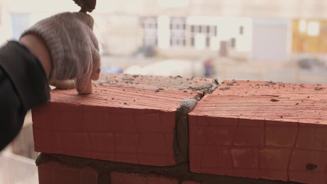 Mason carefully placing bricks securely. Urban construction professional meticulously arranging bricks with trowel amidst safety precautions and detailed craftsmanship