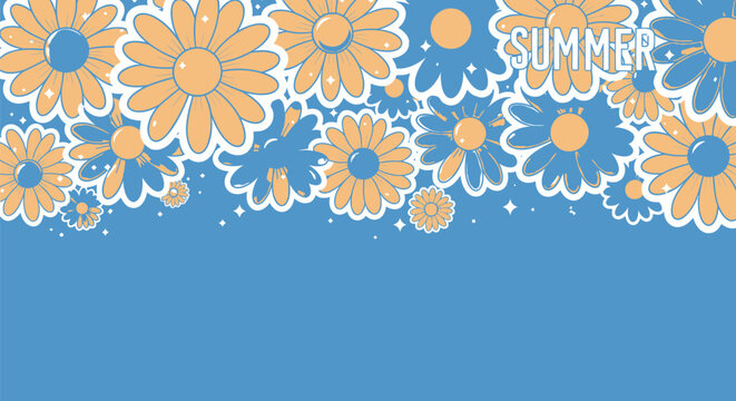 Summer flowers, floral pattern, blue background, yellow daisies, seasonal design