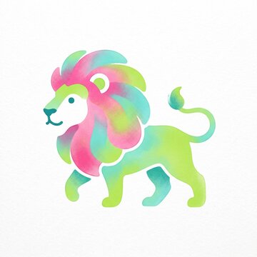 Vibrant watercolor lion illustration with a stylish pink, blue, and green mane, depicting the powerful animal standing calmly.