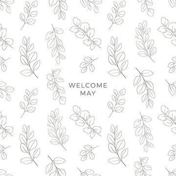 hand drawn may welcome greeting card with floral botanical line art on white background