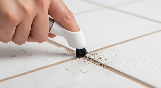 Deep cleaning dirty floor tile grout with a precision scrubbing tool