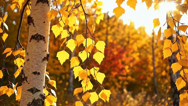A vibrant autumn scene showcases a birch tree bathed in golden sunlight, surrounded by a tapestry of colorful foliage.