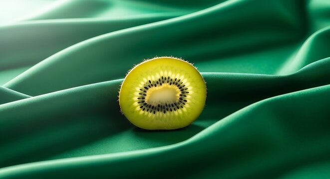 Fresh slice of kiwi fruit on elegant green silk fabric background