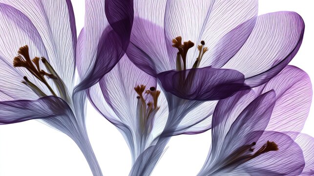 Close up of delicate purple crocus flowers against white background