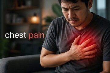 Fototapeta premium A man is clutching his chest in apparent pain while sitting indoors.