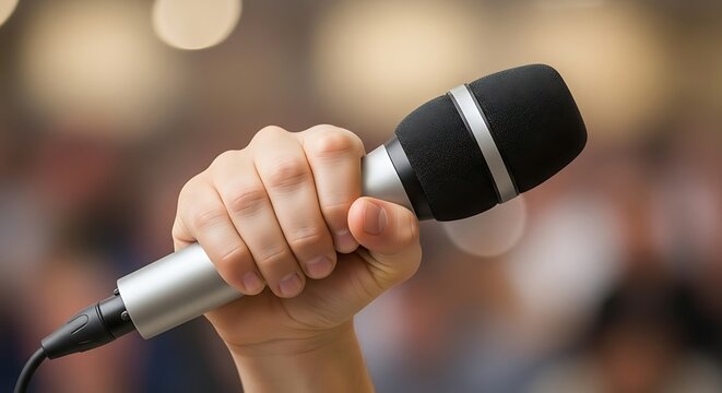 Hand Holding a Microphone for Public Speaking Presentation or Performance