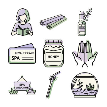 spa skincare icon set in pastel flat line art with soft rounded shapes or spa wellness illustration pack featuring jars cards towels and plant decor