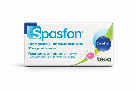 boite de comprim&eacute;s de marque Spafon des laboratoires Teva isol&eacute; sur un fond blanc