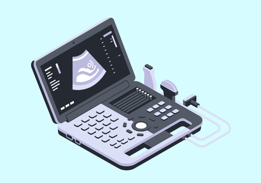 An isometric vector illustration depicts a portable, laptop-styled ultrasound machine with dual probes, a comprehensive control panel, and a screen showing a fetal sonogram on a light blue background