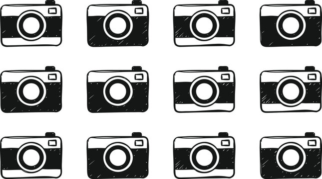 Patr&oacute;n repetitivo de c&aacute;maras fotogr&aacute;ficas dibujadas a mano en blanco y negro, con un estilo r&uacute;stico y art&iacute;stico.