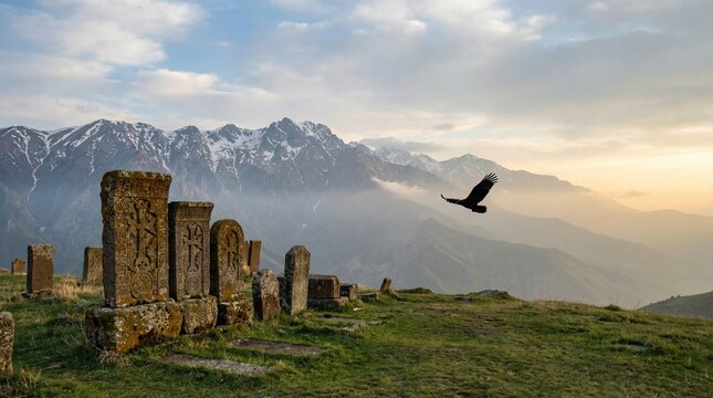 Majestic view of ancient stone khachkars on a mountain ridge with a soaring eagle and snow capped peaks at sunset