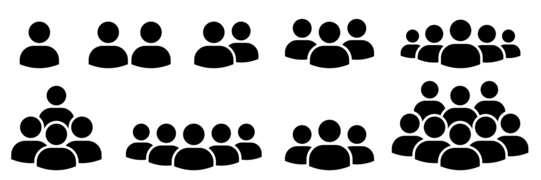 People 1, 2, 3, 4, 5, 6, 7, 8, 9, 10 icon set. Crowd signs. Containing participants, group, team, meeting, organization, community, population, audience, member, discussion, assembly, interview.