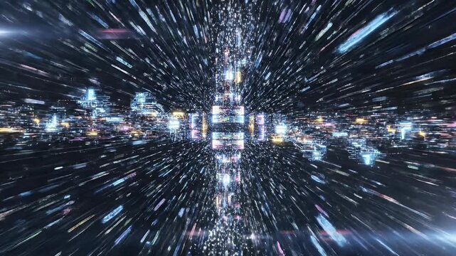 A futuristic digital tunnel showcases glowing shield icons with unlocked padlocks, symbolizing robust cybersecurity and data protection amidst a stream of binary code.
