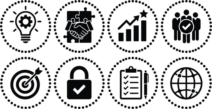 Conjunto de ocho iconos circulares que representan conceptos empresariales clave como innovaci&oacute;n, colaboraci&oacute;n, crecimiento, equipo, objetivos, seguridad, planificaci&oacute;n y alcance global.