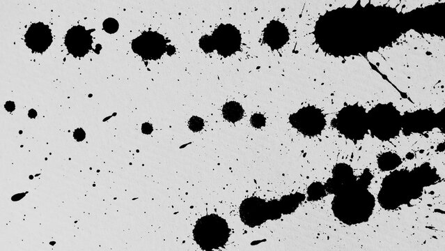 High-contrast black watercolor splatters and ink droplets on white textured paper. Artistic ink blots and spray patterns create dynamic abstract monochrome background