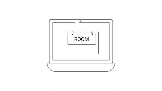 Laptop screen displaying the word ROOM with measurement indicators.