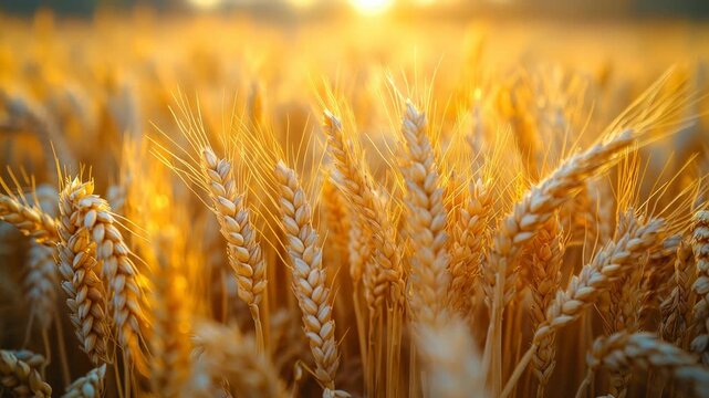 Golden wheat field under a bright sunset. The scene captures the beauty of nature and agriculture, showcasing ripe wheat ready for harvest.