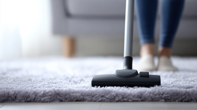 Woman vacuum cleaning carpet at home, housework concept